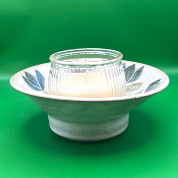 VTG Signed Studio Pottery Candle Dish 2000 Blue Floral Hand Painted Stoneware - Picture 4 of 11